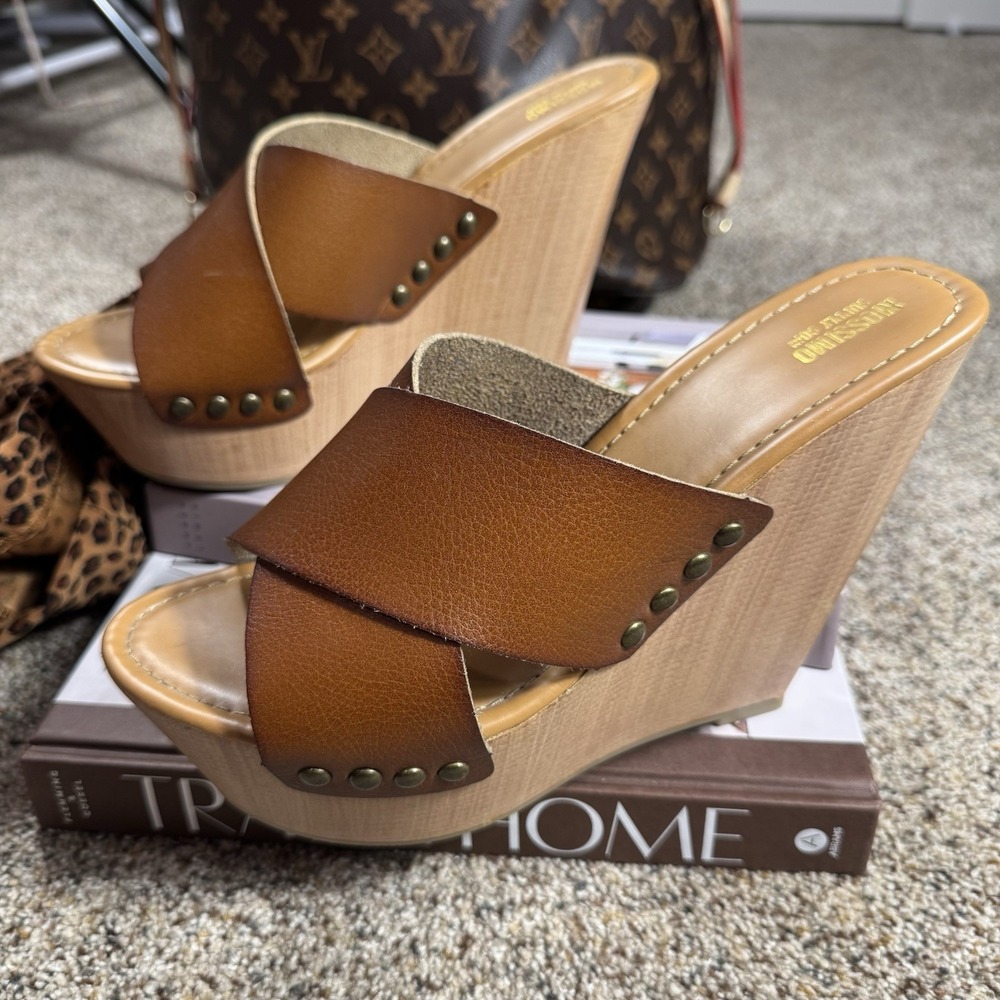 Mossimo Supply Co. Brown Faux Leather Platform Wedge Sandals Wood Clog Heel